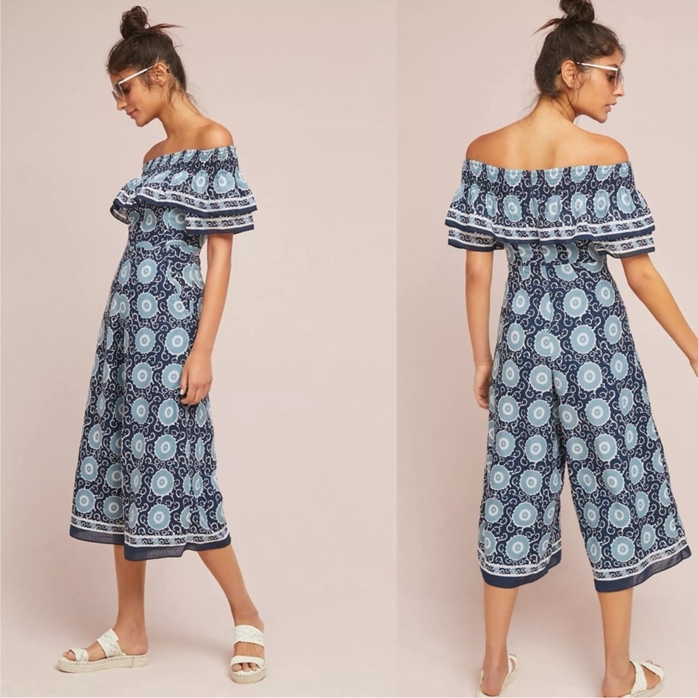 Anthropologie Kopal Suzani Navy Patterned Off-Shoulder Romper